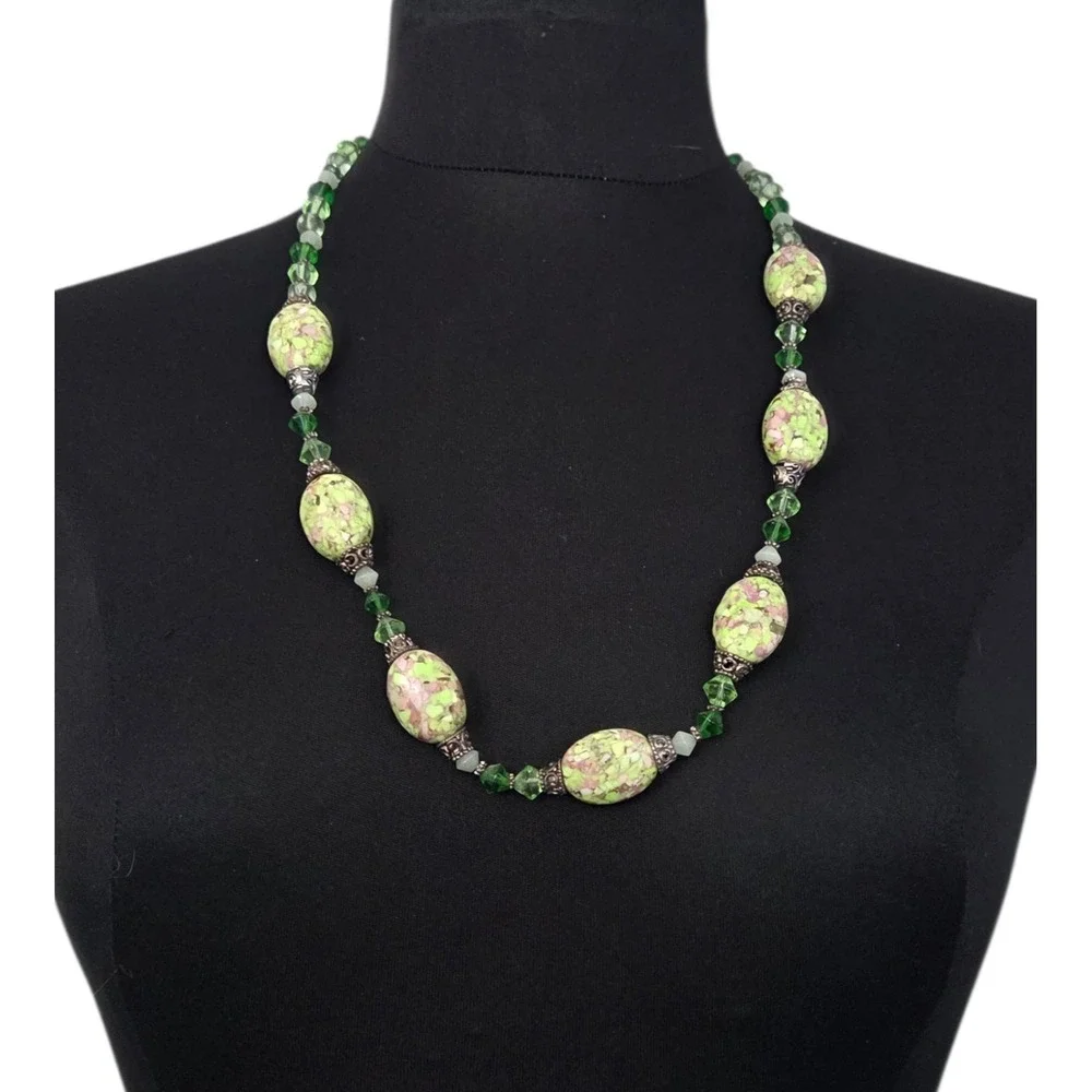 Vtg Natural Lime Turquoise Beads Beaded Necklace Crystals‎ Cap Accents Spacers